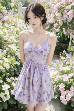 AI generated video: woman is standing between the flower fields and leaning slightly, The…