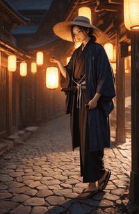 AI generated video: Begin with the woman standing in a traditional Japanese street lined with warm…