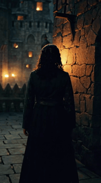 AI generated video: Style: dark fantasy, gothic. As the camera slowly zooms in, the woman turns her…