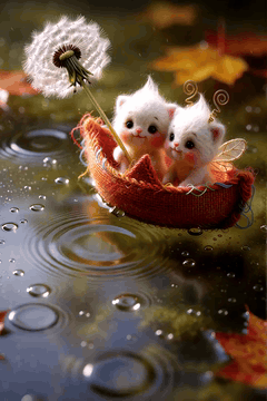 AI generated video: Gentle plucked ukulele music plays and raindrops plink on the puddle. The…
