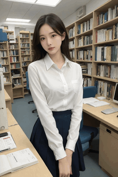 AI generated video: The young woman in the library slowly leaned over and smiled, and her long hair…