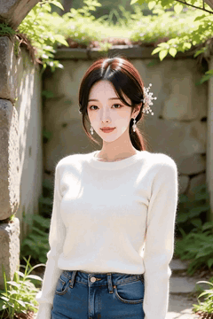 AI generated video: A beautiful woman stands in front of a stone wall path, smiling, and the…