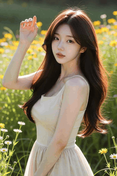 AI generated video: A young woman in a white dress stands in a field of flowers and raises her…