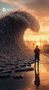 AI generated video: Tsunami made out of keyboards