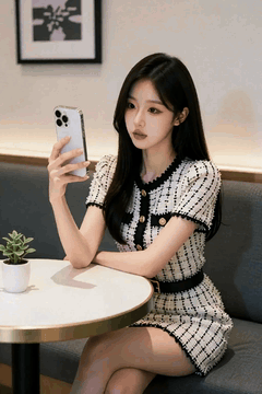 AI generated video: A young woman is sitting on a sofa in a cafe and taking a selfie, Her hair…