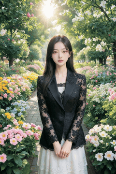 AI generated video: A young woman standing in front of a flower path stands still and looks at the…