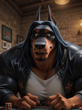 AI generated video: Static Camera. Male Doberman character is playing poker and he says in a deep…
