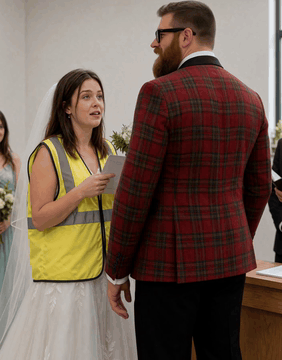 AI generated video: <Subject 0> is the bride in the bridal dress, veil, and yellow high-vis vest…