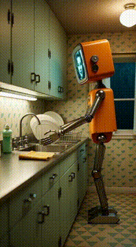 AI generated video: 1950s–1960s humanoid domestic robot