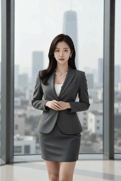 AI generated video: A woman in a business suit stands in a standing position and stares at the…