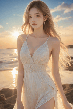 AI generated video: A young blond woman is standing on the beach,, her long hair is blowing in the…