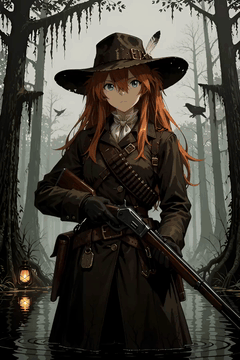AI generated video: Anime digital illustration of Asuka Langley Soryu as a Hunt: Showdown 1896…