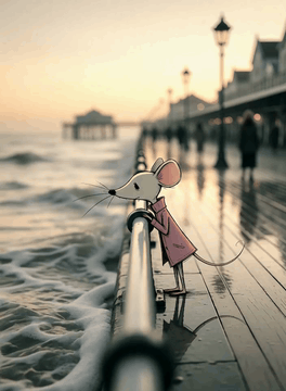 AI generated video: calm melanholic loop of mouse standing still. and waves moving in cycle. so the…