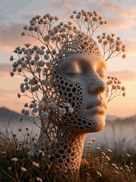 AI generated video: spin camera 360 around from this sculpture made by nature