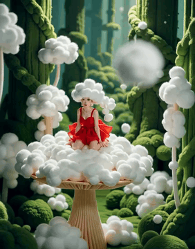 AI generated video: CottonWorld, A woman in a tiny red dress kneeling on a giant mushroom, looking…