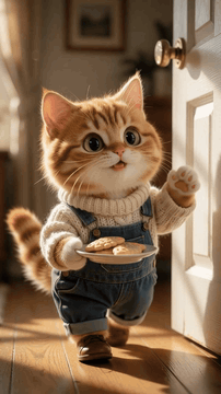 AI generated video: Eye-level 85mm f/2.0 cinematic 3D animation photo. In a cozy sunlit wooden…