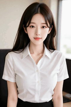 AI generated video: A young woman in the office smiles softly, The hair swings softly in the wind…