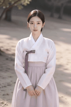 AI generated video: A woman wearing a hanbok stands still under the shade of a tree, The light…