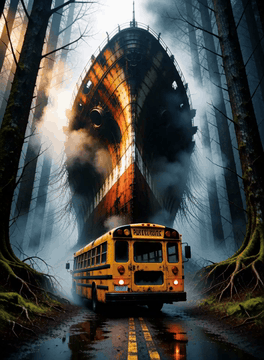 AI generated video: SFW, an enormous rusted ocean liner stranded upright in the middle of a dead…