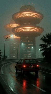AI generated video: tw1car, a dark red Renault Twingo Mk1 three-door hatchback driving away on a…