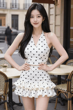 AI generated video: A young woman wearing a polka dot dress is standing on the cafe terrace, Her…
