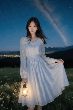 AI generated video: A woman in a white dress is standing on the hill with a lantern, Her hair and…