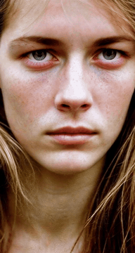 AI generated video: wind gently blows through the hair of a woman with a serious, stoic expression