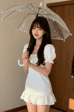 AI generated video: A young woman is standing with a transparent umbrella and smiling,, Soft…