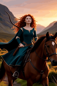 AI generated video: Merida riding her horse through a Scottish glen at dusk, wild red curls flying…