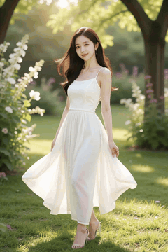 AI generated video: A woman in a white dress is walking on the park lawn, Her long hair and skirt…