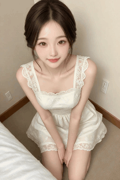 AI generated video: a young woman in a white lace dress sits on her knees and smiles, The gentle…