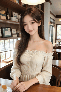 AI generated video: A young woman is sitting at a cafe table with a smile and looking quietly, Soft…