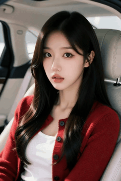 AI generated video: a young woman is sitting in the passenger seat of the car, and, Her long hair…