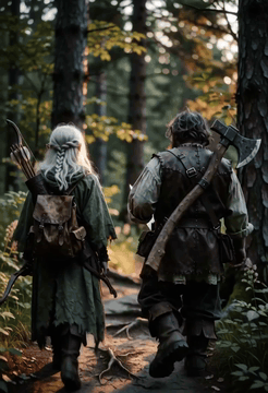AI generated video: An unedited handheld video following two adventurers walking together along a…