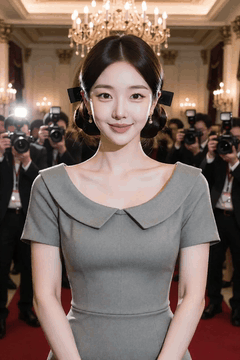 AI generated video: the woman in the gray dress is standing with a smile, The reporters are…