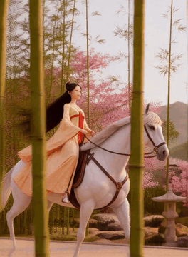 AI generated video: HCSM, 6-second video. The woman rides the white horse calmly forward through an…