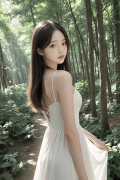 AI generated video: A young woman in a white dress is looking back on the forest path, The long…