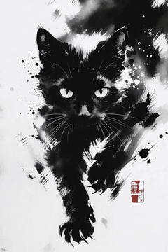 AI generated video: The ink-wash black cat stalks toward the camera, low and menacing, to a tense…