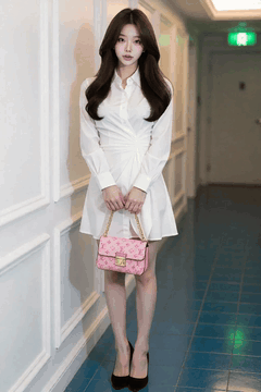 AI generated video: A young woman is standing in the hallway and carrying a bag, The hair is…