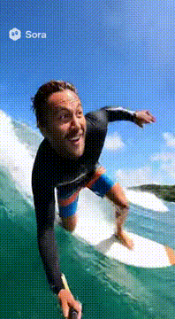 Видео, сгенерированное нейросетью: Make a video of me surfing in the ocean on a sunny day