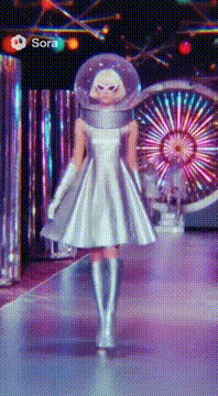 AI generated video: A 1960s space-age runway show, models wearing metallic silver dresses, bubble…