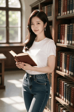 AI generated video: A young woman leaning on a library bookshelf reads a book, The sunlight coming…