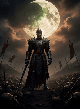 AI generated video: A skeletal king wearing a jagged crown raises a black sword on a battlefield…