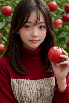 AI generated video: (masterpiece, best quality:1.2), Holding a fruit Apple one hand, wearing…