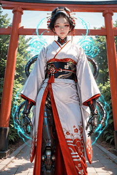 AI generated video: Cyborg geisha stands under a red torii gate, extra mechanical arms slowly…