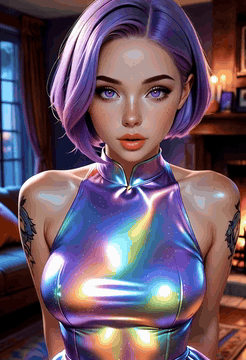 AI generated video: closeup sassy style, basety style, abbe bi style, iridescent dress, purple…