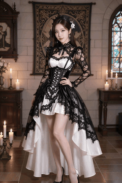 AI generated video: A woman in a black princess dress strengthens one leg and changes her pose, The…