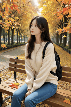 AI generated video: A young woman in a cream colored sweater is sitting on a bench, Autumn maple…