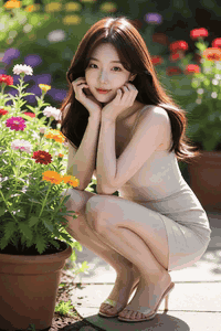 AI generated video: A young woman is crouching and smiling next to the flower,, Her long hair is…