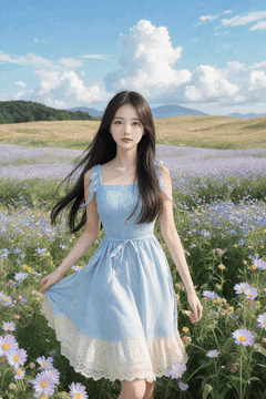 AI generated video: A young woman standing in a green field lifts her skirt slightly, her long hair…